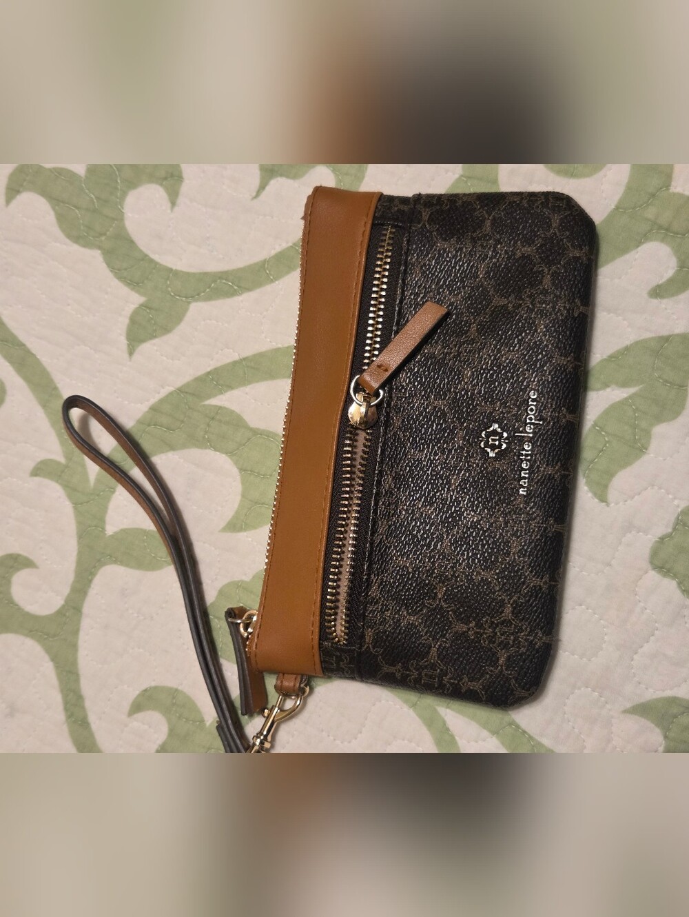 Nanette Lepore Brown and Tan Logo Zip Wristlet Faux Leather - Picture 5 of 6